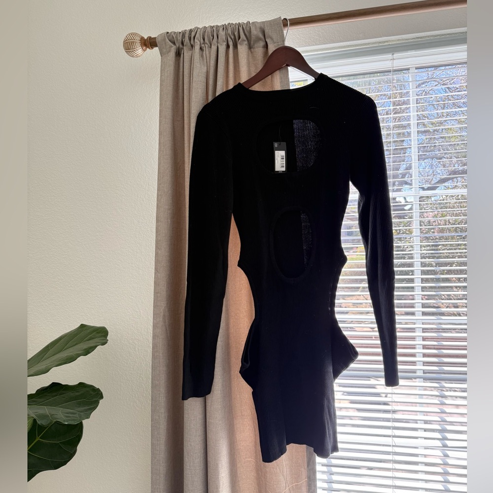 PrettyLittleThing black long-sleeved cut out dress, new with tags - size medium.